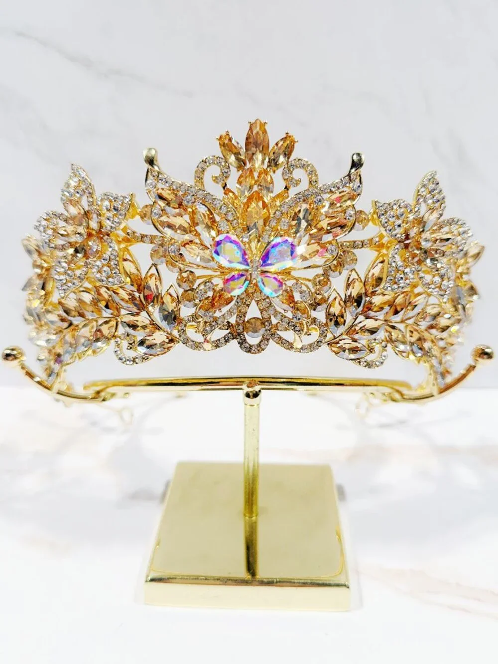 Champagne Crystal Butterfly Tiara Crown Gold Tone Pageant Prom Wedding Headpiece